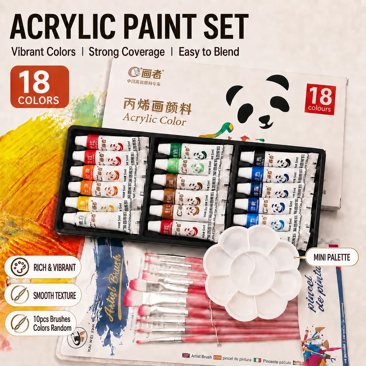 Acrylic Paint Set with Brushes and Palette