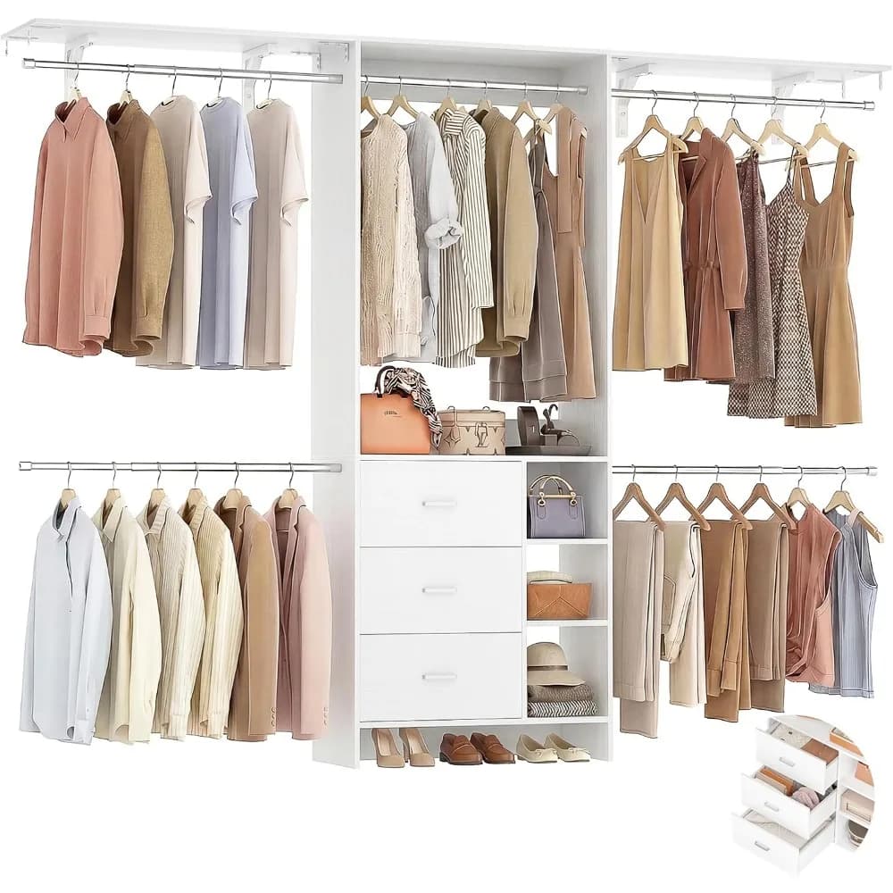 Closet Organizer with 3 Wooden Drawers, 8FT Wardrobe Rack with Hanging Rods, Fits 5.3-9 ft, White