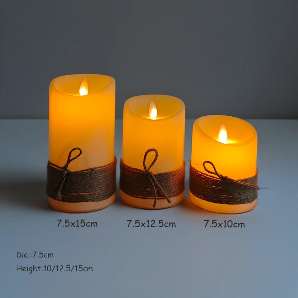 LED Candles with Dancing Flame,Vintage Rope String Wrapping,Battery Operated or USB Rechargeable Option,Ambiance Lamp, 3 PCs/Set