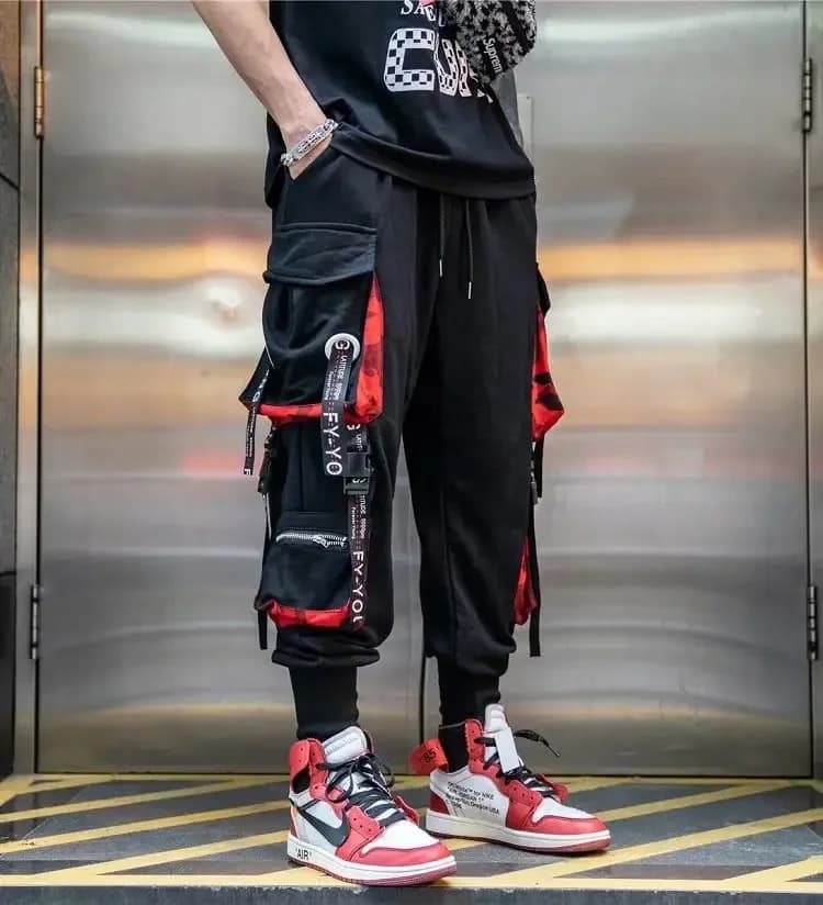 Men's Cargo Jogger Pants with Ribbons