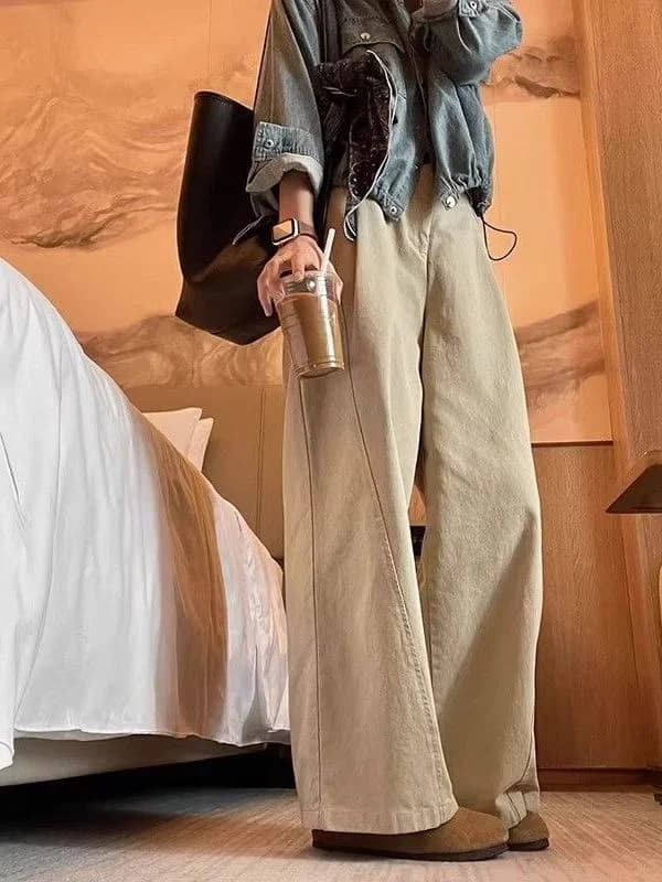 Khaki High Waist Wide Leg Casual Pants