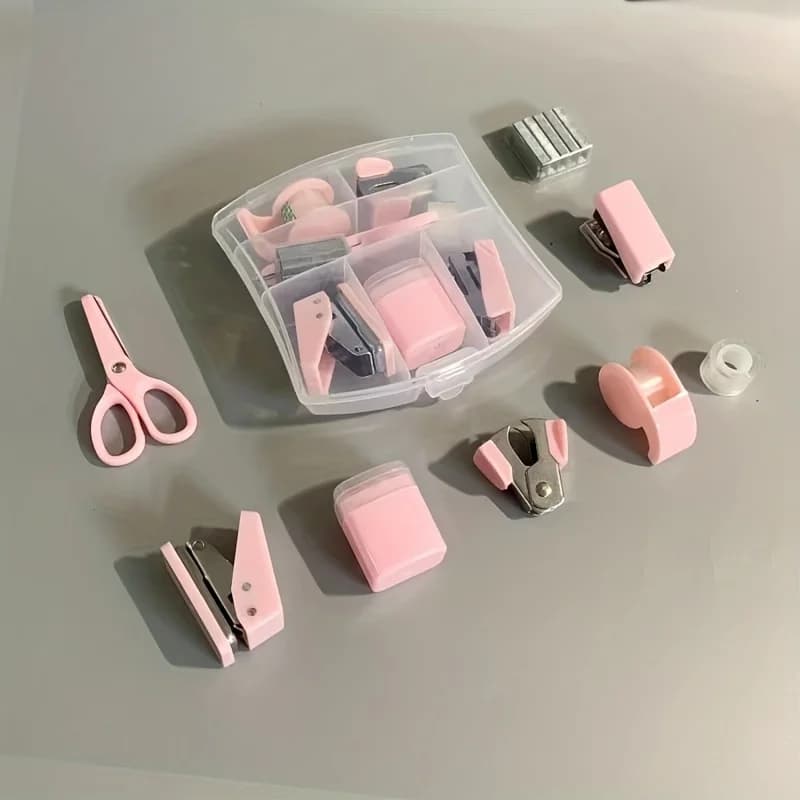 8 PCS Mini Office Supplies Set with Portable Case - Including Scissors Tape Box Pencil Case Puncher and Staples