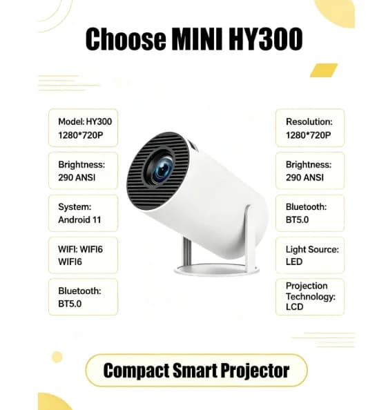 Mini HY300 Portable Projector Android 11 720P 4K Home Outdoor Cinema