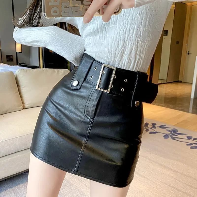 Black Vintage Leather Button Mini Skirt