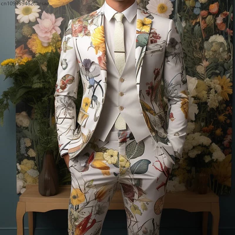 Men's Rose Flower Digital Print Suit Jacket and Trousers