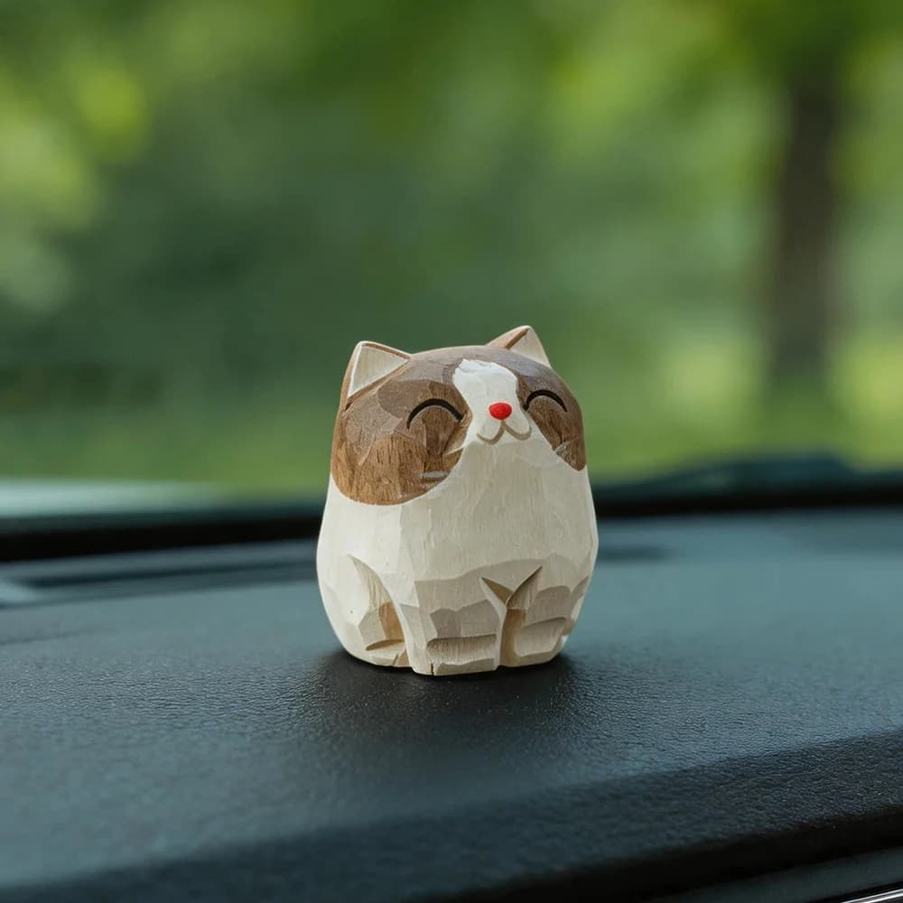 Hand Carved Wooden Cat Figurines Cute Kitten Statue with Mini Bench Home Orange Calico Cat Ragdoll Cat Desktop Ornament Gift