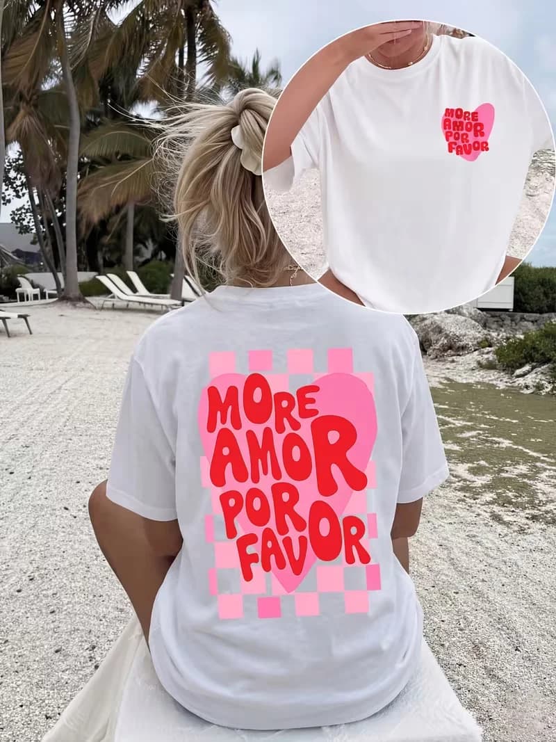 Women's T-shirt  More Amor Por Favor Heart Checkerboard Print Casual Loose T Shirt Streetwear Daily Wear Durable Casual T Shirt