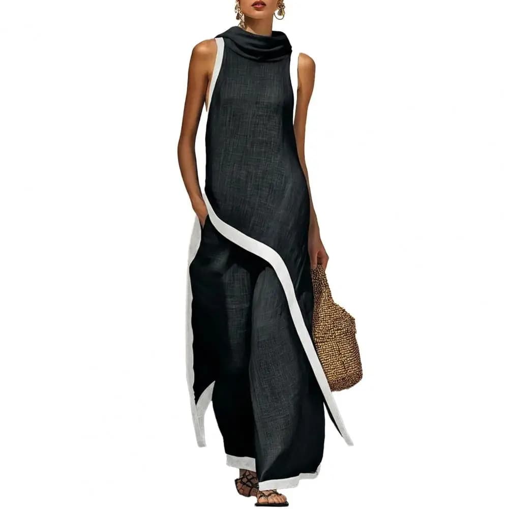 Women Fashion  Color Block Cotton Linen Two-Piece Outfit Asymmetrical Hem Mock Neck Sleeveless Top Wide-Leg Pants Vacation Sets