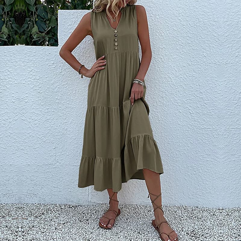 Casual Summer Midi Dress Sleeveless V-Neck