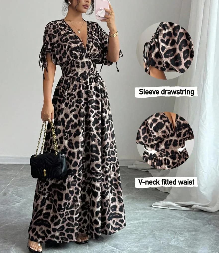 Leopard Print Maxi Dress with Drawstring Waist