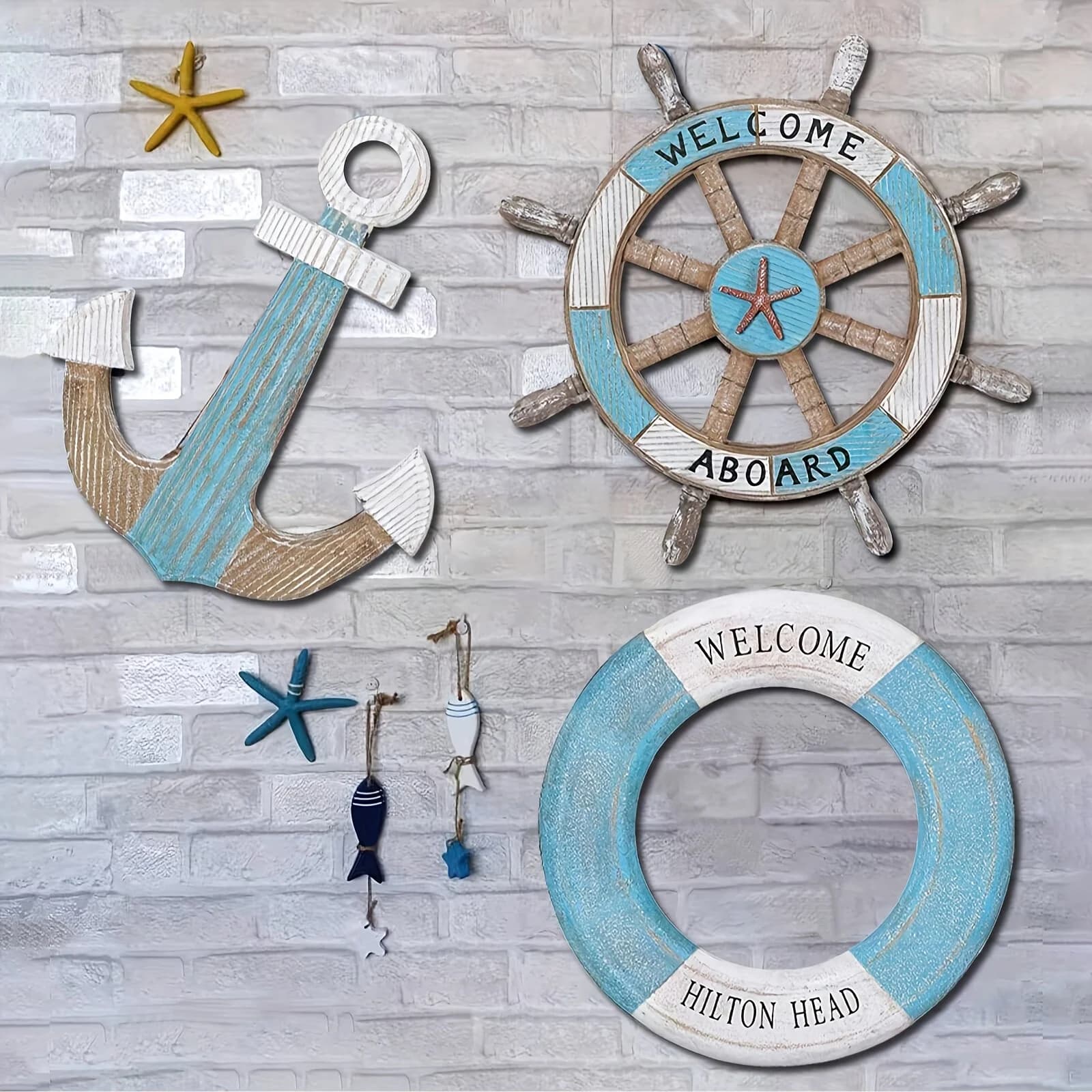 1 Set of Nautical-Themed Home Decor Wooden Anchors, Helms, and Lifebuoys Ocean-Themed Wall Decorations Indoor Nautical Decor Can Be Used for Wall Decoration at Outdoor Parties and Garden Gatherings