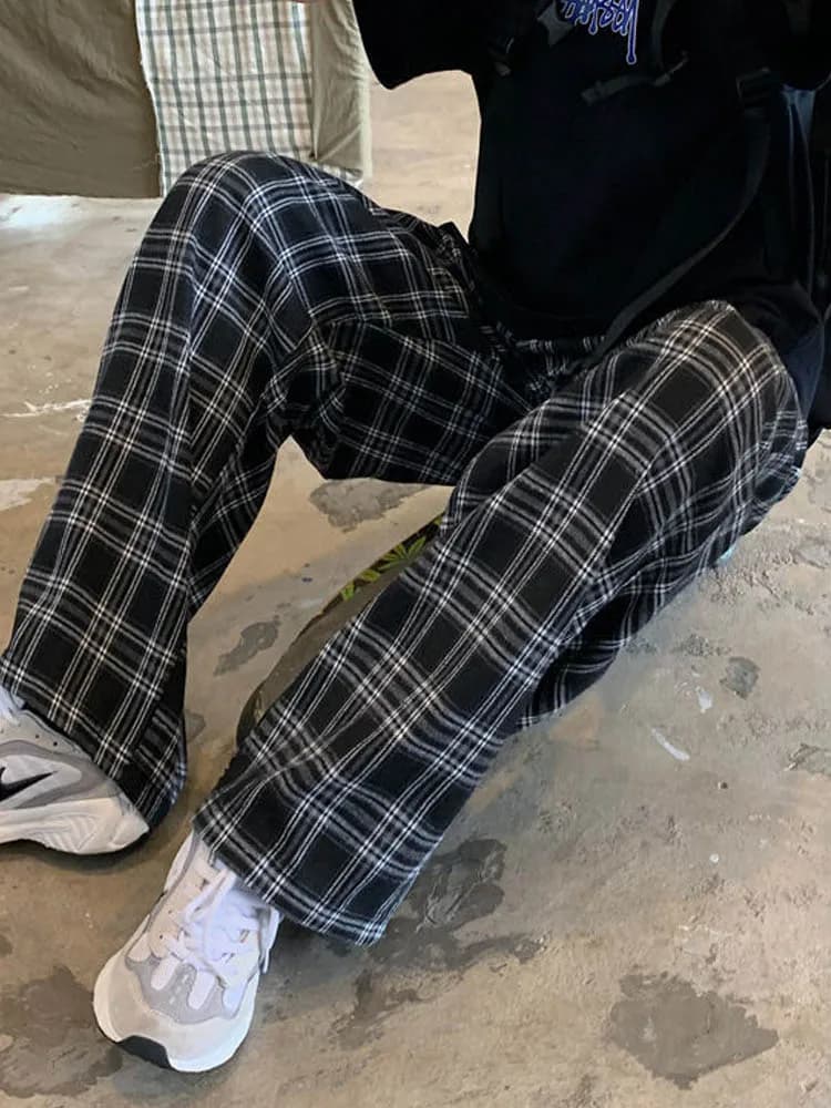 Black Plaid Wide-Leg Casual Pants
