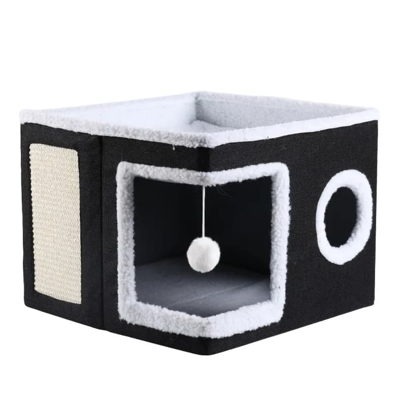 Foldable Plush Cat Cave Bed with Scratching Pad