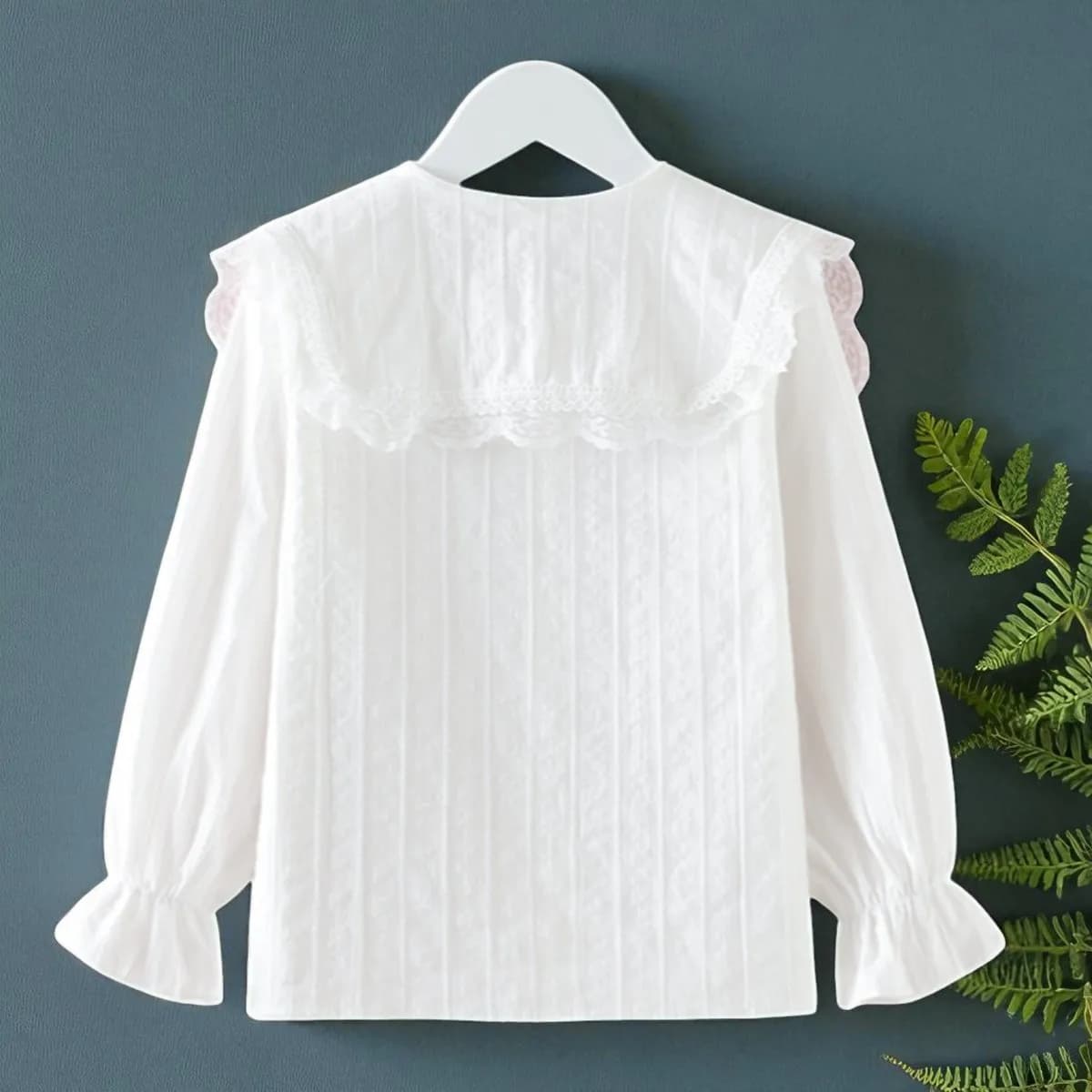 Girls White Cotton Lace Button-Up Blouse