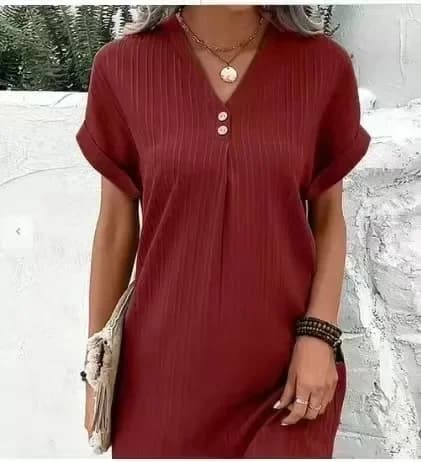 Women's Fashion  Loose T-Shirt Dress Ladies V Neck Short Sleeve Beach Baggy Solid Sundress Clothing