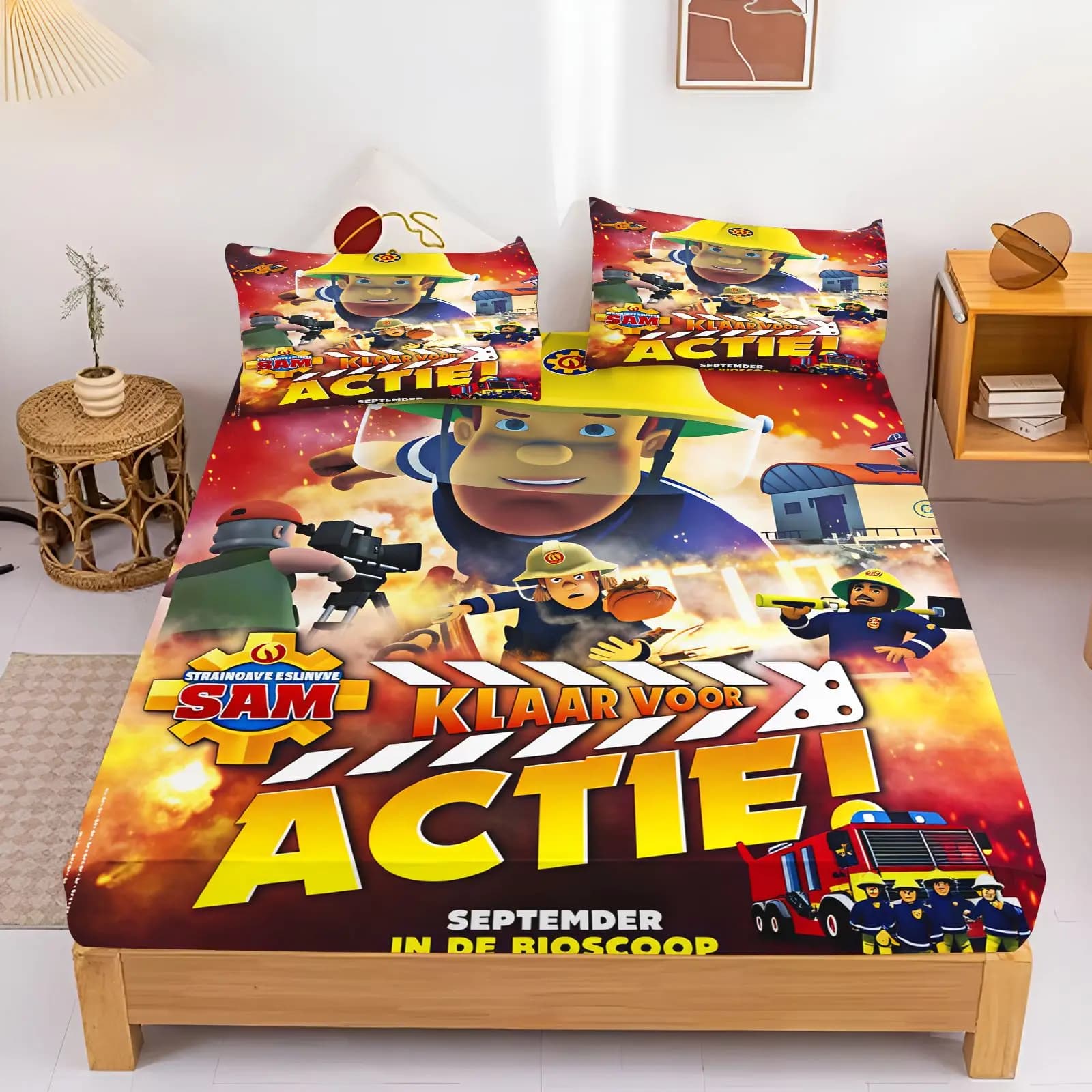 Fireman Sam Bedding Set Fitted Sheet Pillowcase Kids Cartoon Bed Cover Bedroom Decor Bed Sheets Home Textile