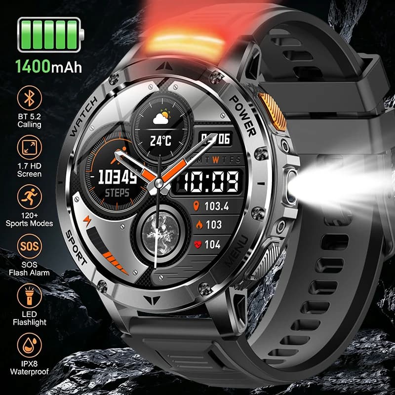 Smart Watch 1.7'' IPS Screen 1400mAh Battery IPX8 Waterproof 120+ Sports SOS LED BT Call Heart Rate Monitor Men Women