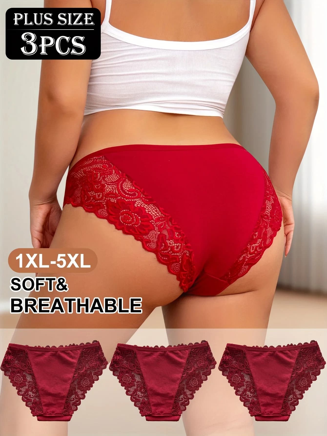 Plus-Size Lace Trim Underwear 3-Pack