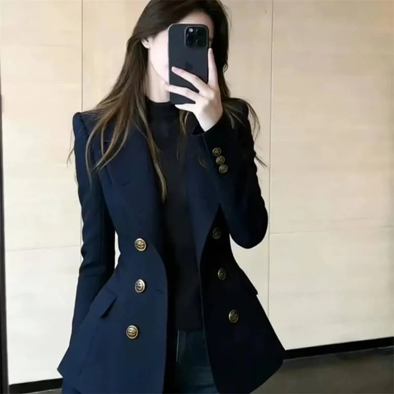 Navy Blue Double-Row Slim Fit Blazer