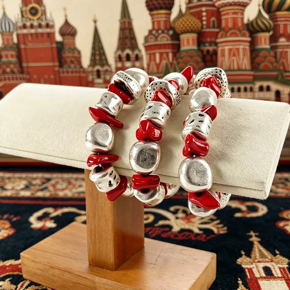 Red and Antiqued Silver Stackable Beaded Bracelet Set