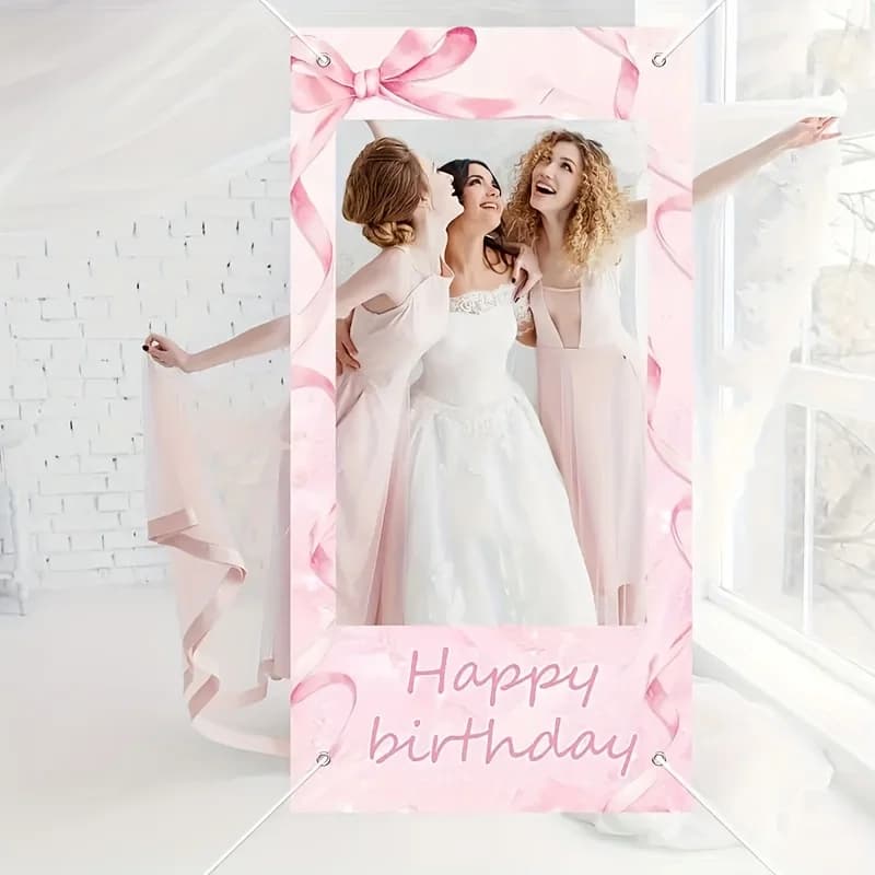 Sweet Pink Bow Happy Birthday Party Photo Booth Props - Birthday Photo Background Banner