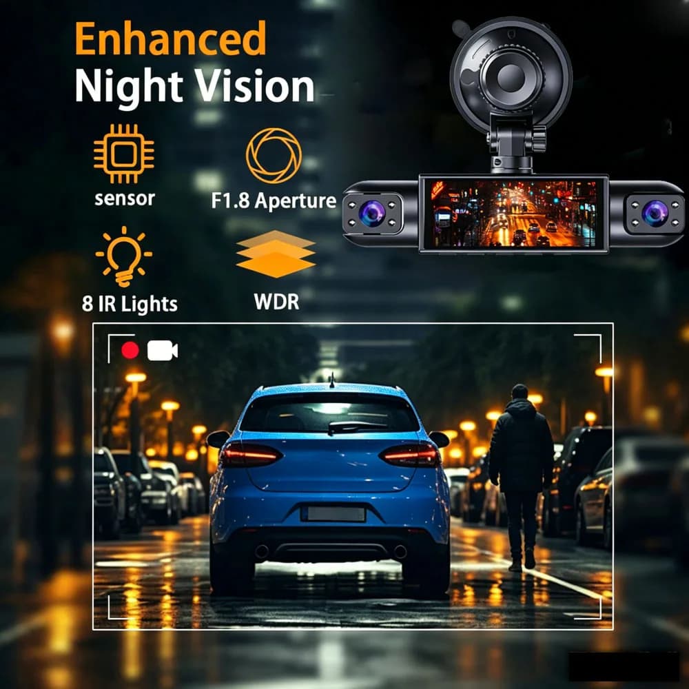 Dash Cam 3.16-inch Car Driving Recorde 360° Rotating with Four Lens 1080P Rear/Left/Right 720P,WiFI Night Vision, Loop Recording