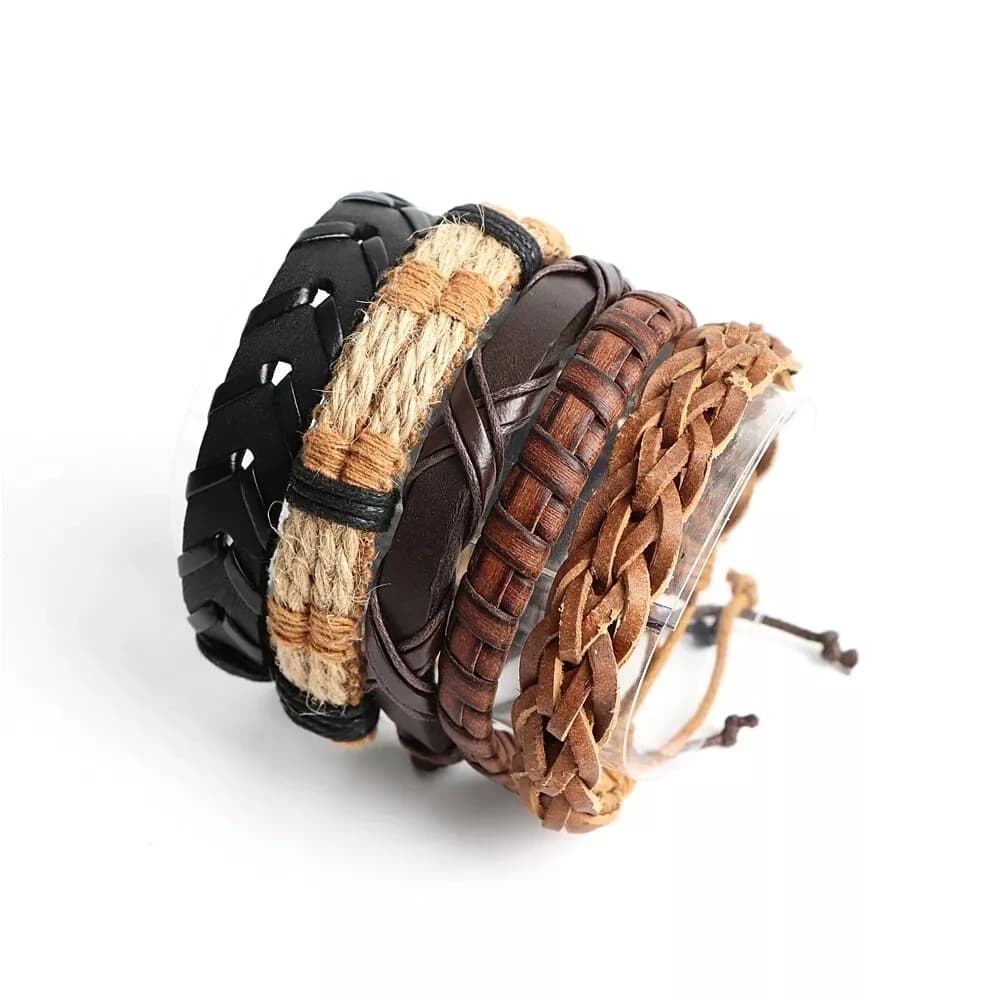 Braided Leather Bracelets with Wood Beads