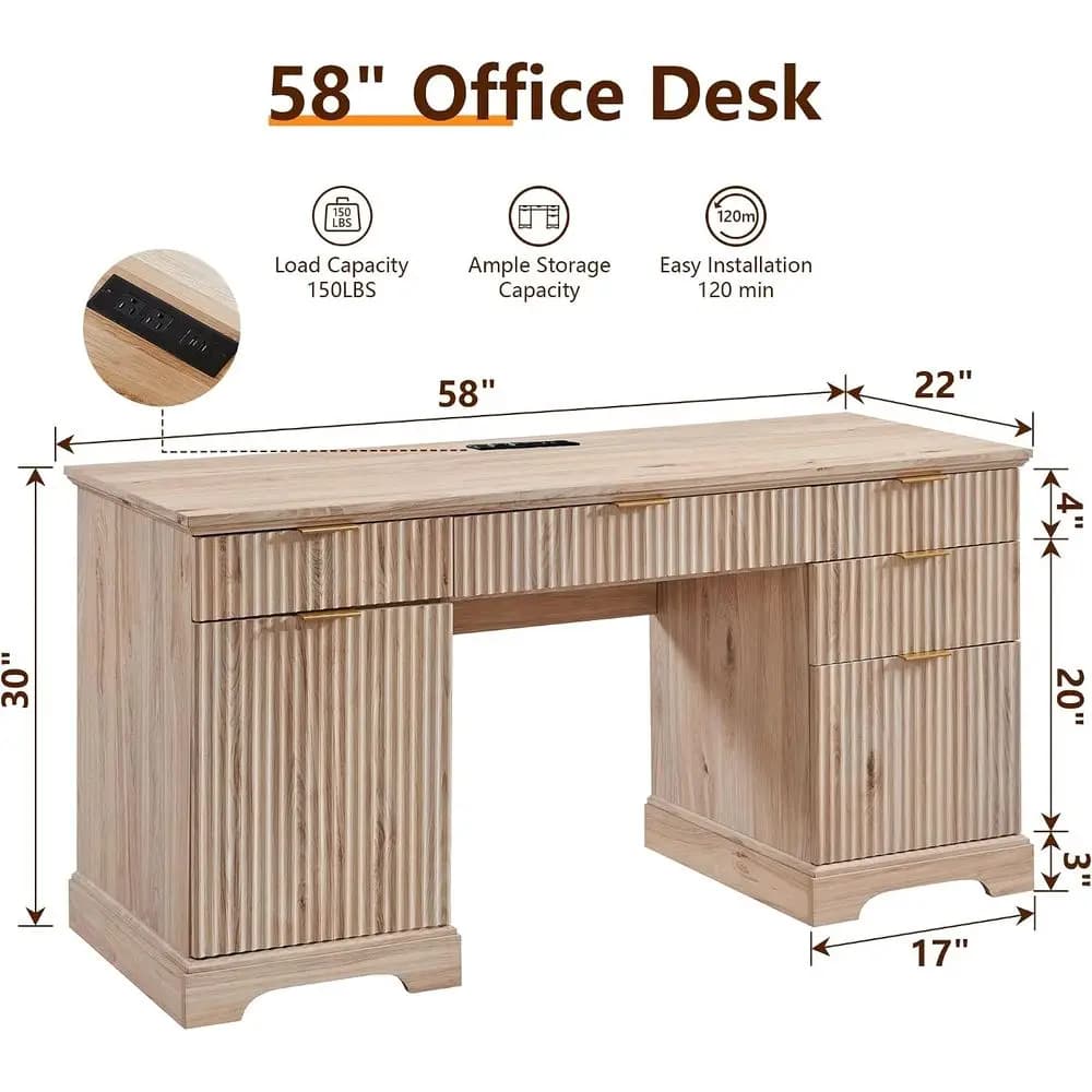 Oak Wood Executive Desk, 5 Drawers & 1 Cabinet, Built-in Outlet | Home Office Desk for Computer, Writing, Living or Bedroom Use