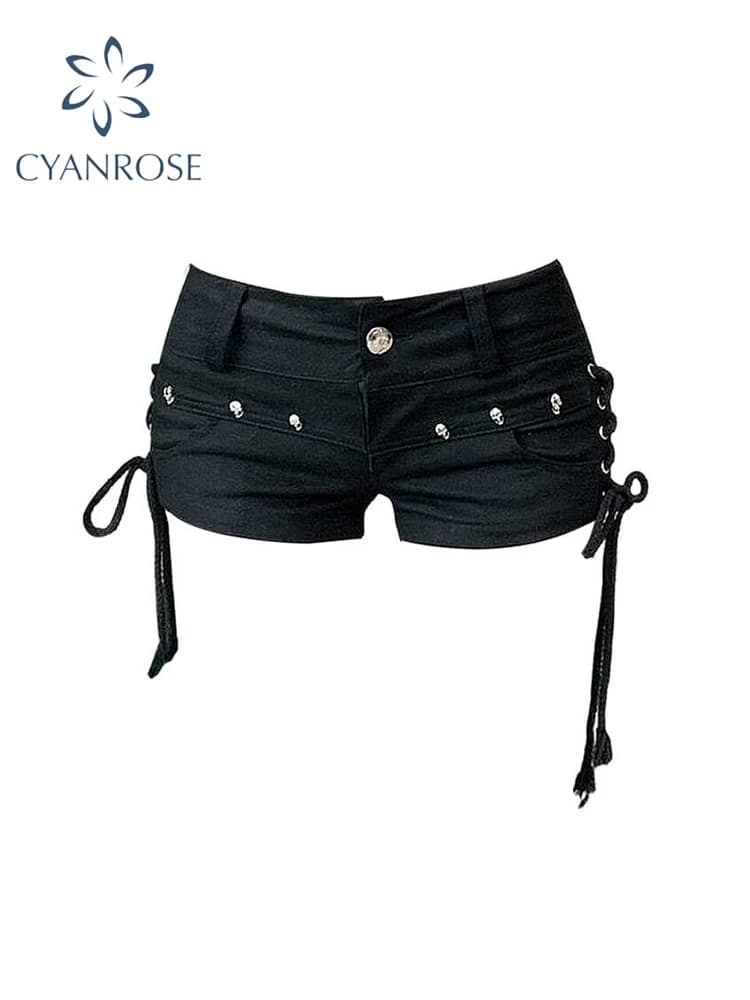 Black Gothic Denim Shorts Low Waist