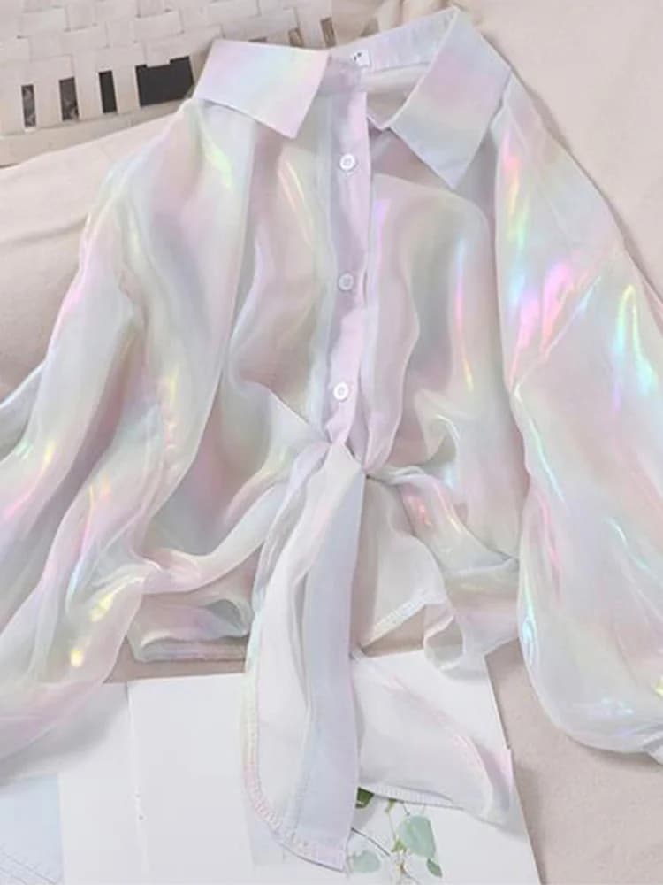 Women's Half-Sleeve Sparkle Blouse with Tied Waist