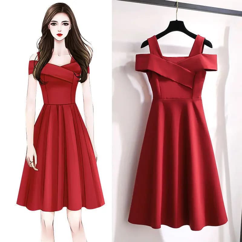 Women Dresses 2025 new fashion off shoulder look slim cinched waist knee-length dress women's clothing vestidoes