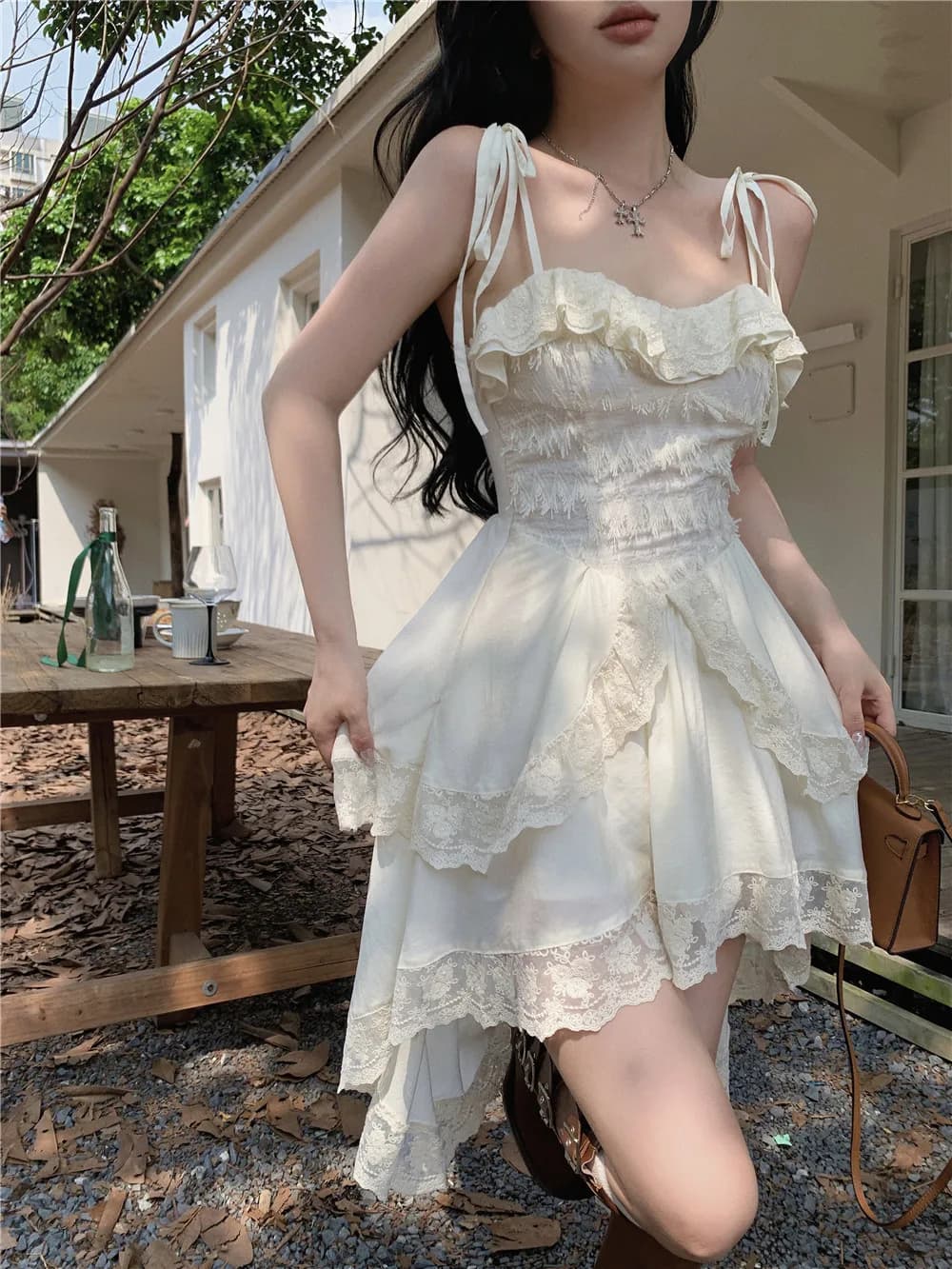 White Sling Patchwork Lace Ruffle Dress