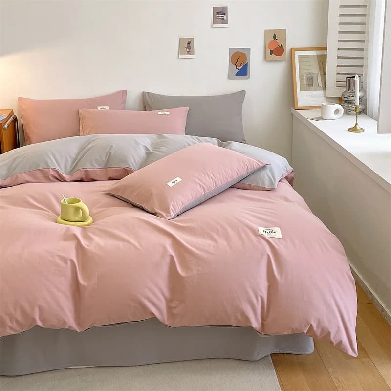 Solid color comfortable bedding three-piece set, pink four-piece set