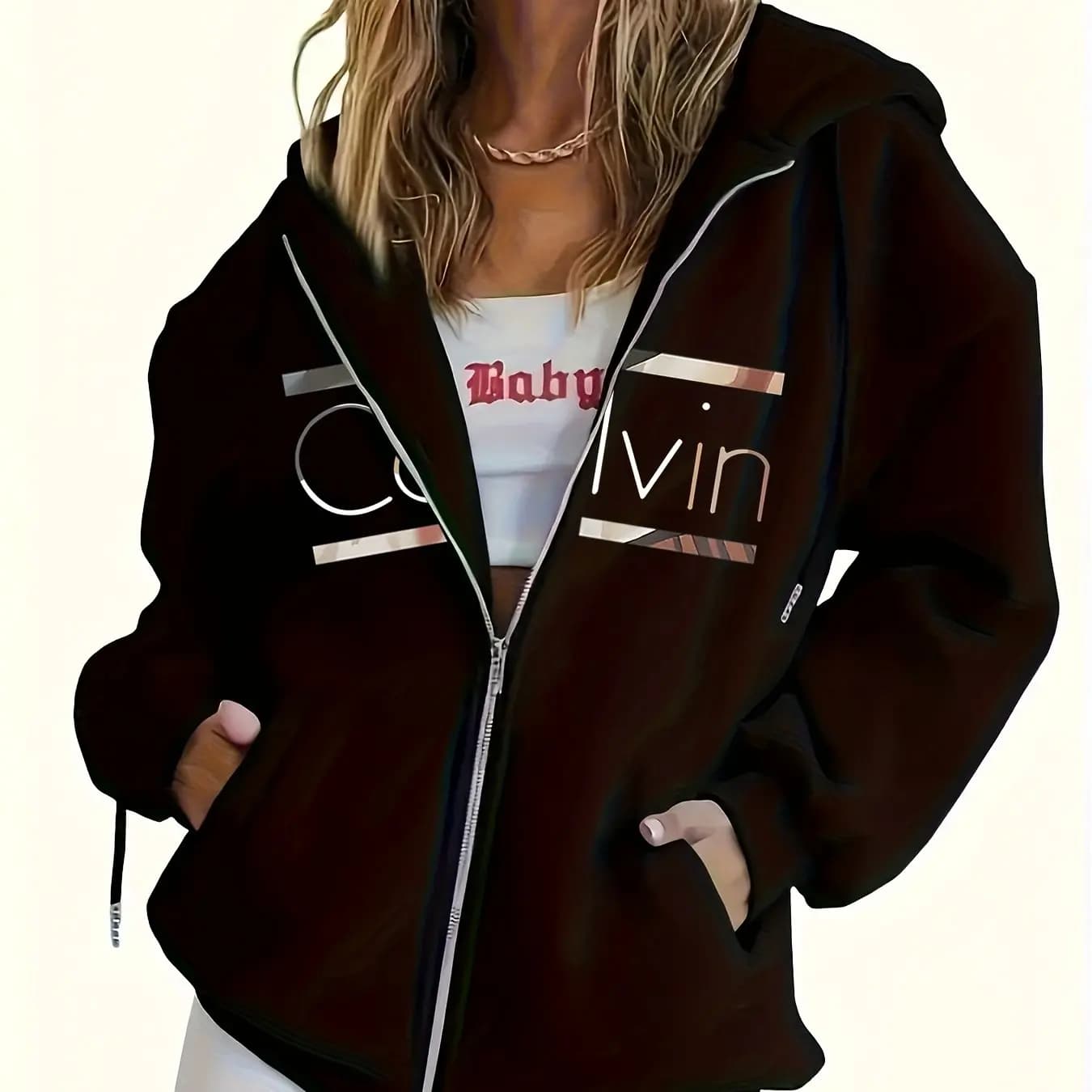 Women's Brown Zip-Up Hoodie with Drop Shoulder