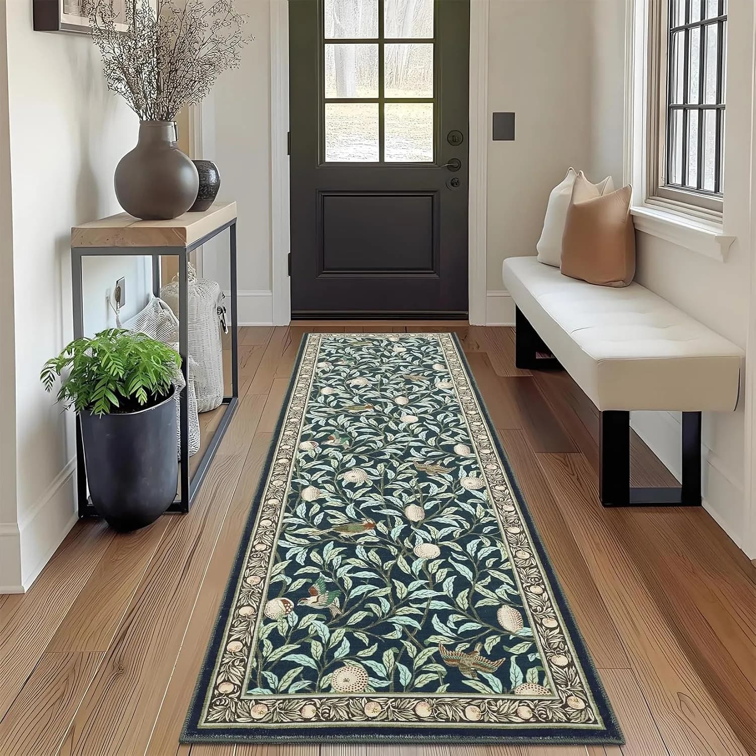 Hallway Carpet Runner Black Floral Non-Slip