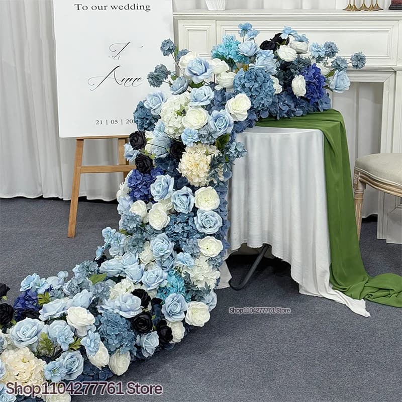 Wedding Decor Artificial Flower Row Arrangement Navy Blue/Light Blue/black Table Runner Flower Party Event Backdrop Wall Layout