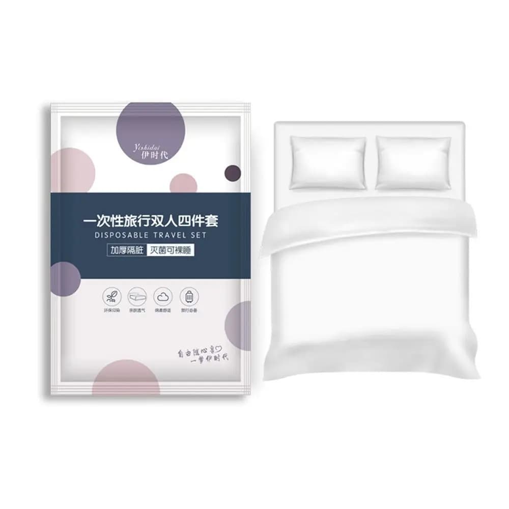 New Disposable Travel Bedding Set 4Piece Double Size Hotel Non Woven Bed Sheet Duvet Cover Pillowcase Portable for Business Trip