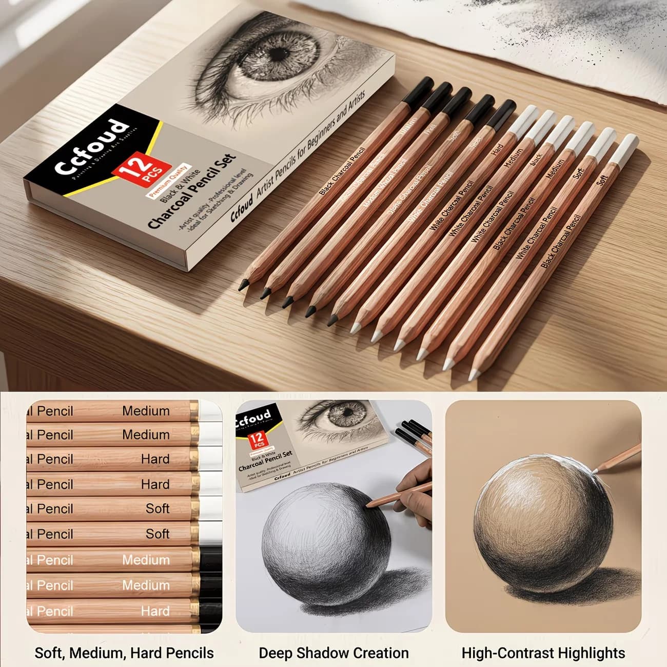 Sketching Pencil Set with Charcoal, 12 Pieces