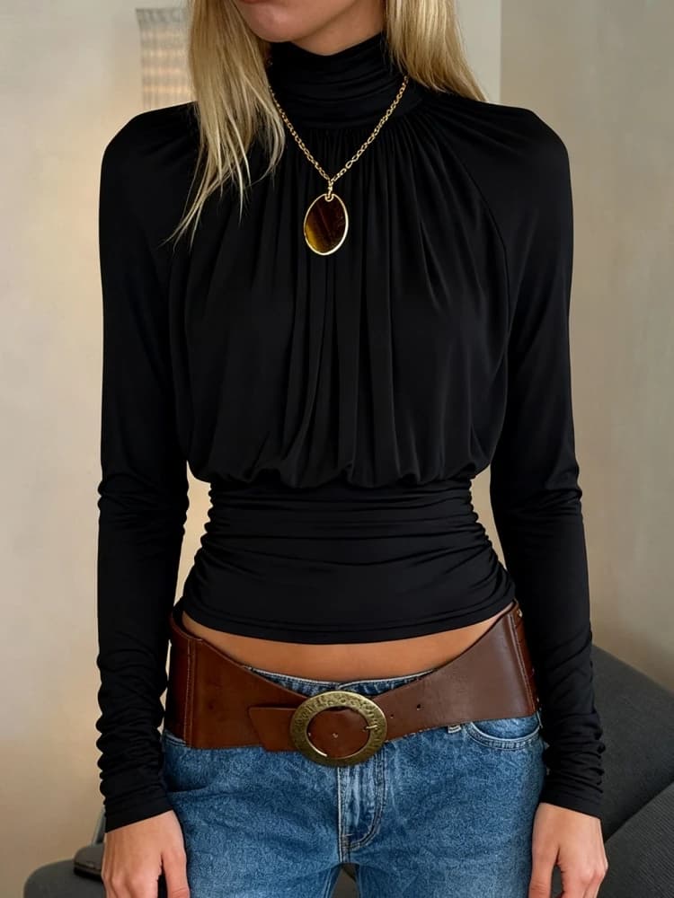 Women's Black Turtleneck Long Sleeve Top