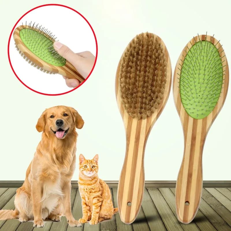 Bamboo Double-Sided Dog Brush with Stainless Steel Teeth