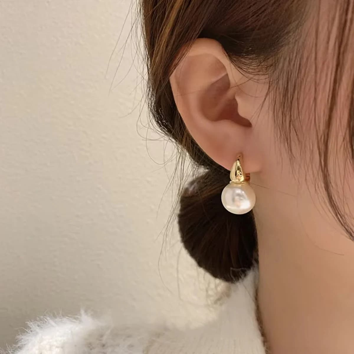 Gold Pearl Stud Hoop Earrings