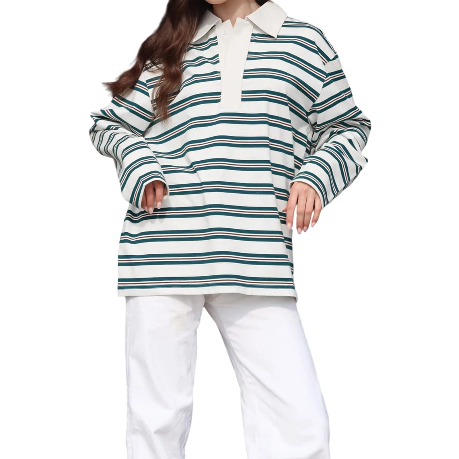 Women's Spring Fall Fashionable  Striped Print Collared Tops Casual Long Sleeve Loose Fit Lapel T-shirts