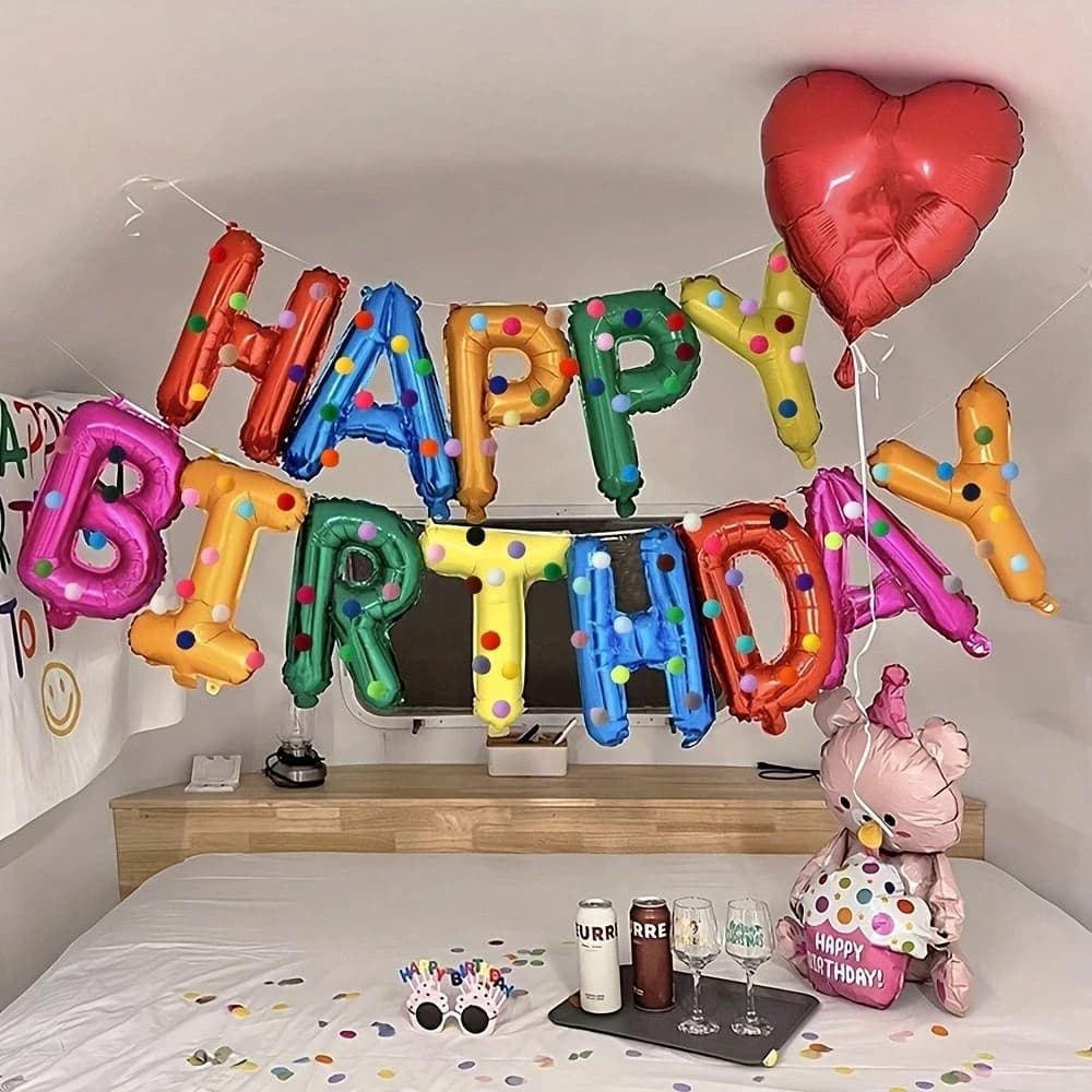 Birthday Party Decoration Set, Rainbow Balloons, Felt Ball Mix, Premium Foil Pull-Up Banner, Happy Birthday Wall Decoration