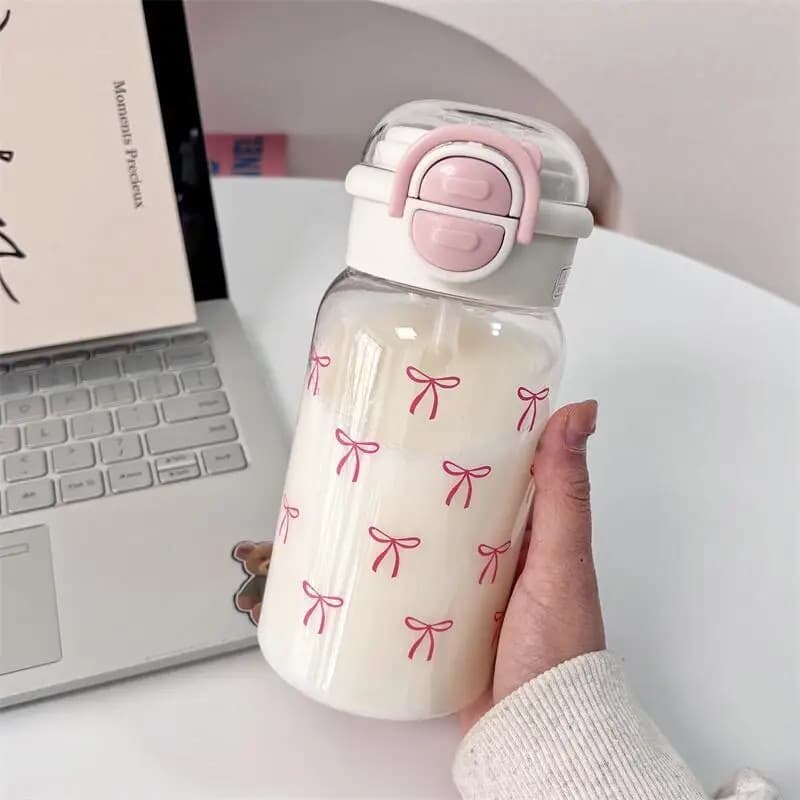 Cute Water Bottle with Straw Portable Plastic Pop-Up Cover Water Cup Kawaii Bottle Water Leak-Proof Drinking Bottle