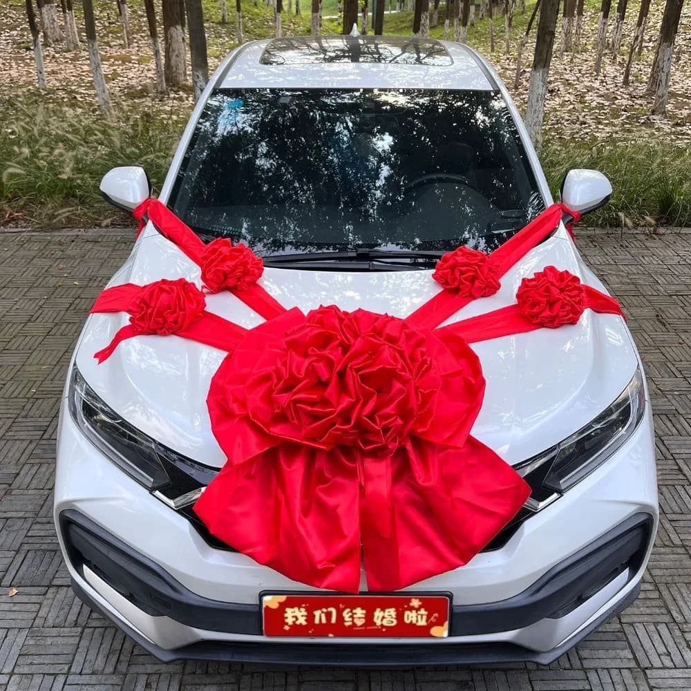 Large Wedding Car Front Decor Full Set Romantic Floral Ball Flower Arrangement Ribbon Bows Bridal Main Car Decor