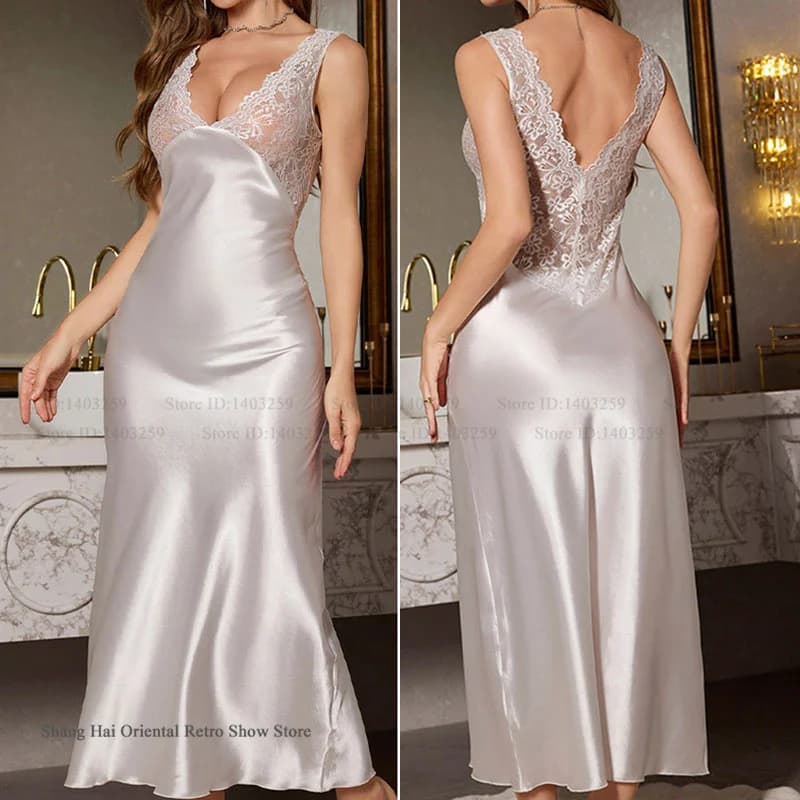 Long Lace Satin Nightgown