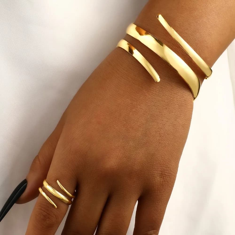 Gold Geometric Line Bracelet and Ring Set