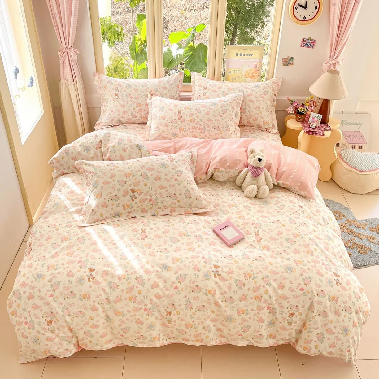 Cartoon Print 100% Cotton Bedding Sets Queen King Floral Duvet Cover Set with Flat Sheets and Pillowcase Single Double Bed Set