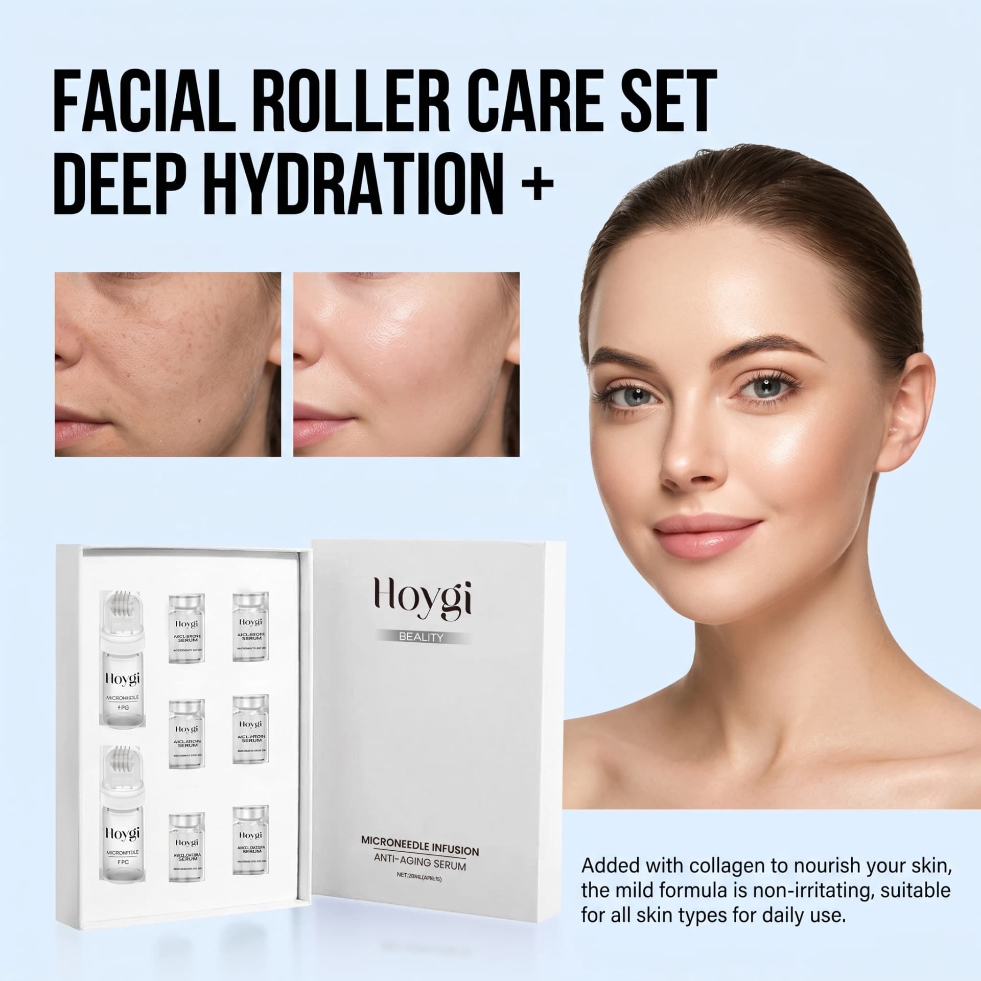 Facial Roller Skincare Set Moisturizing Smoothing Hydrating Daily Face Care Serum Kit Gentle Skin Nourishment
