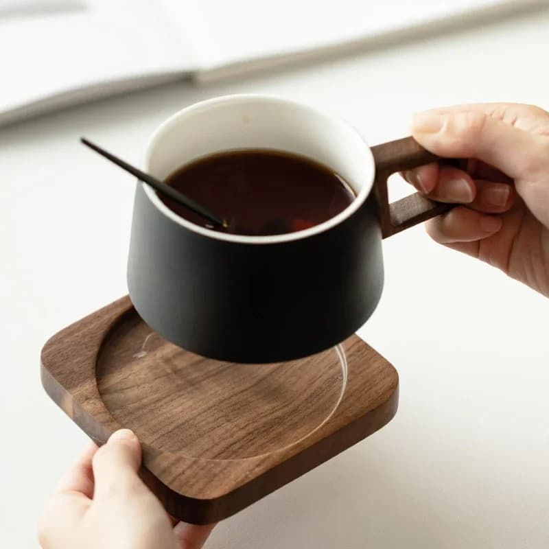 Ceramic Coffee Cup with Wood Coaster Set